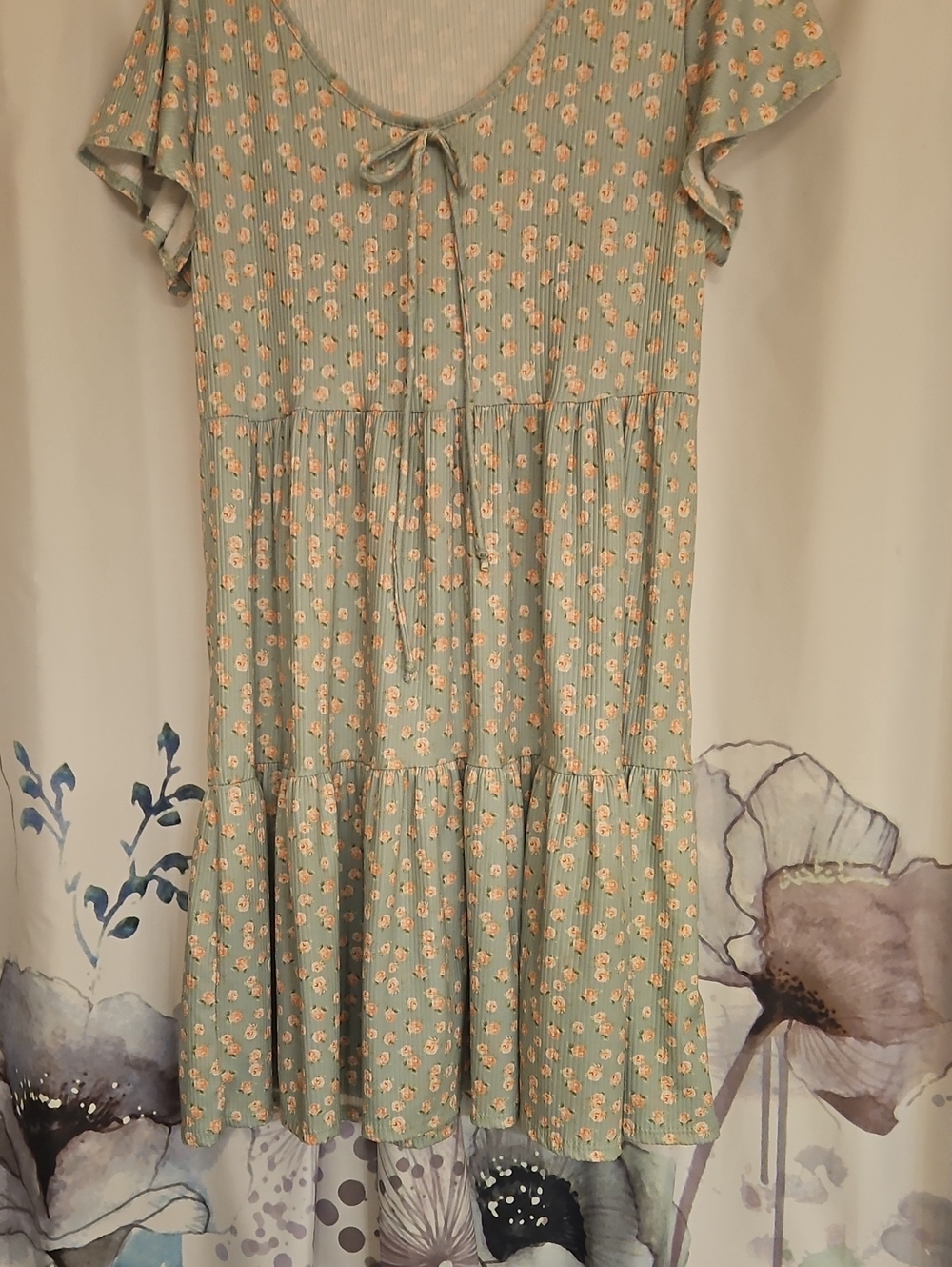 See You Monday Mint Green Floral Mini Dress with Peach Blossoms